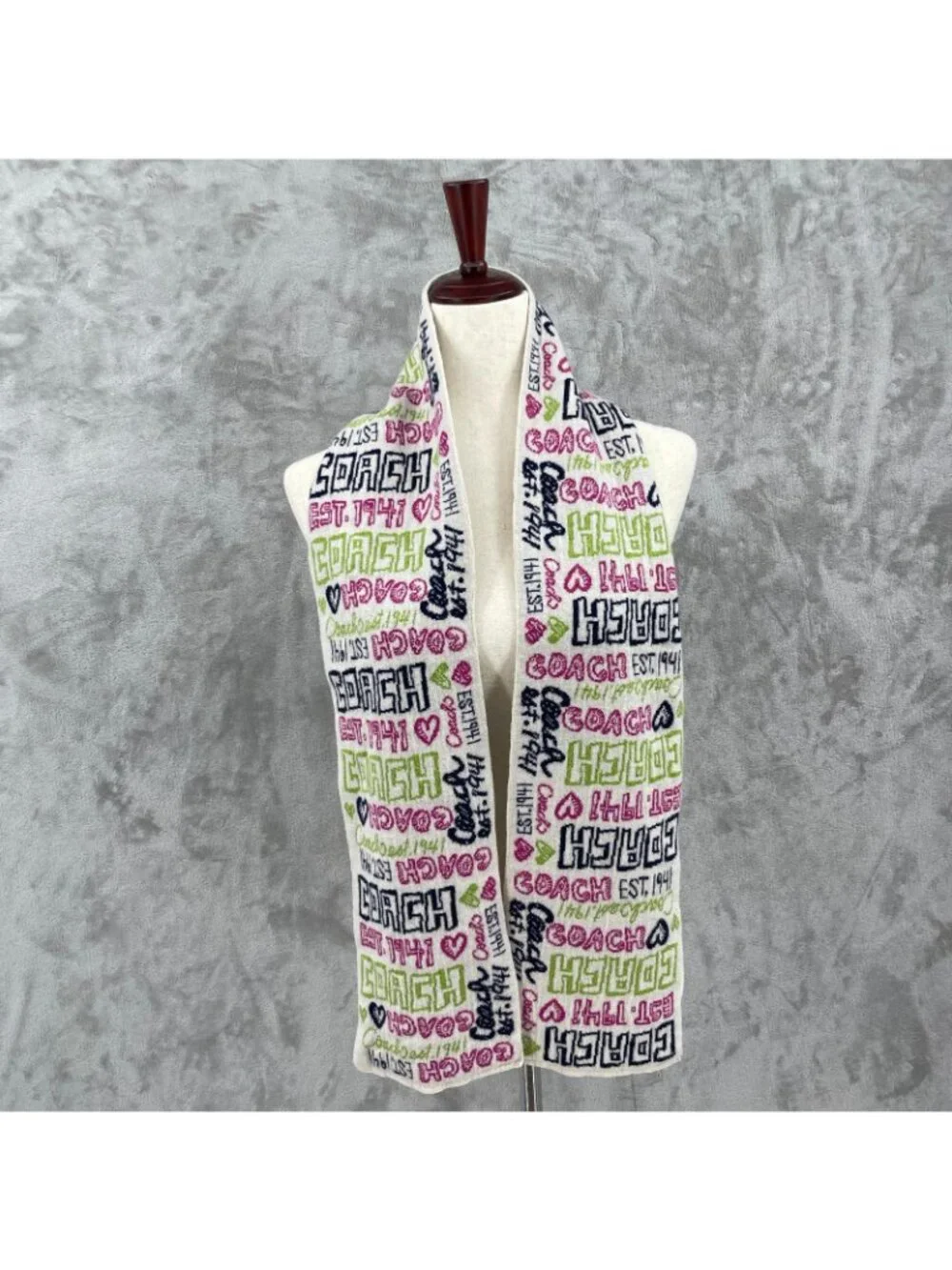Coach Poppy Heart Graffiti Multicolor Spellout Logo Scarf Knit Wool Blend Cream
